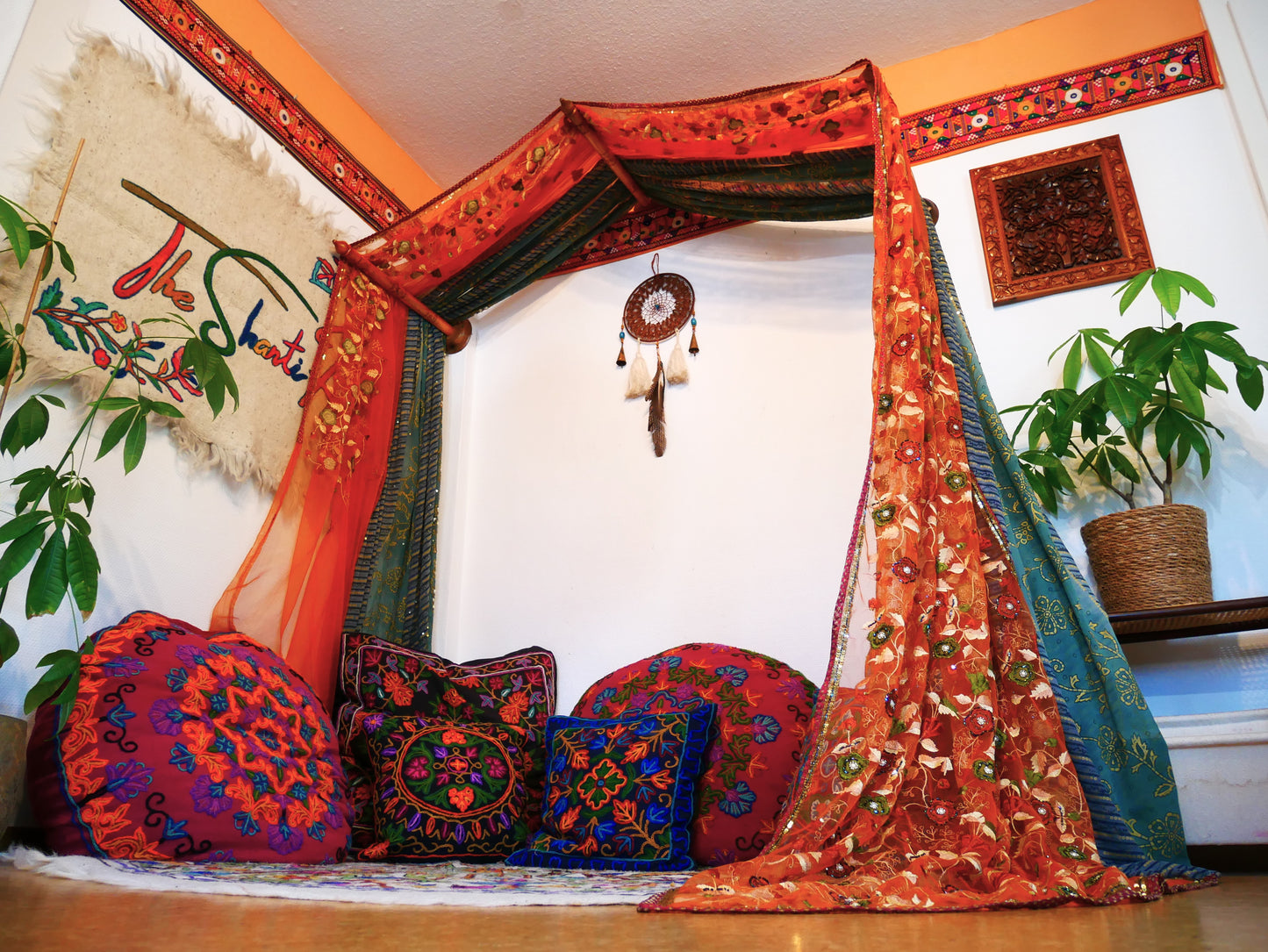 Princess bed canopy - custom made saree canopy frame with handcrafted walnut wood rods | bed curtains - meditation space