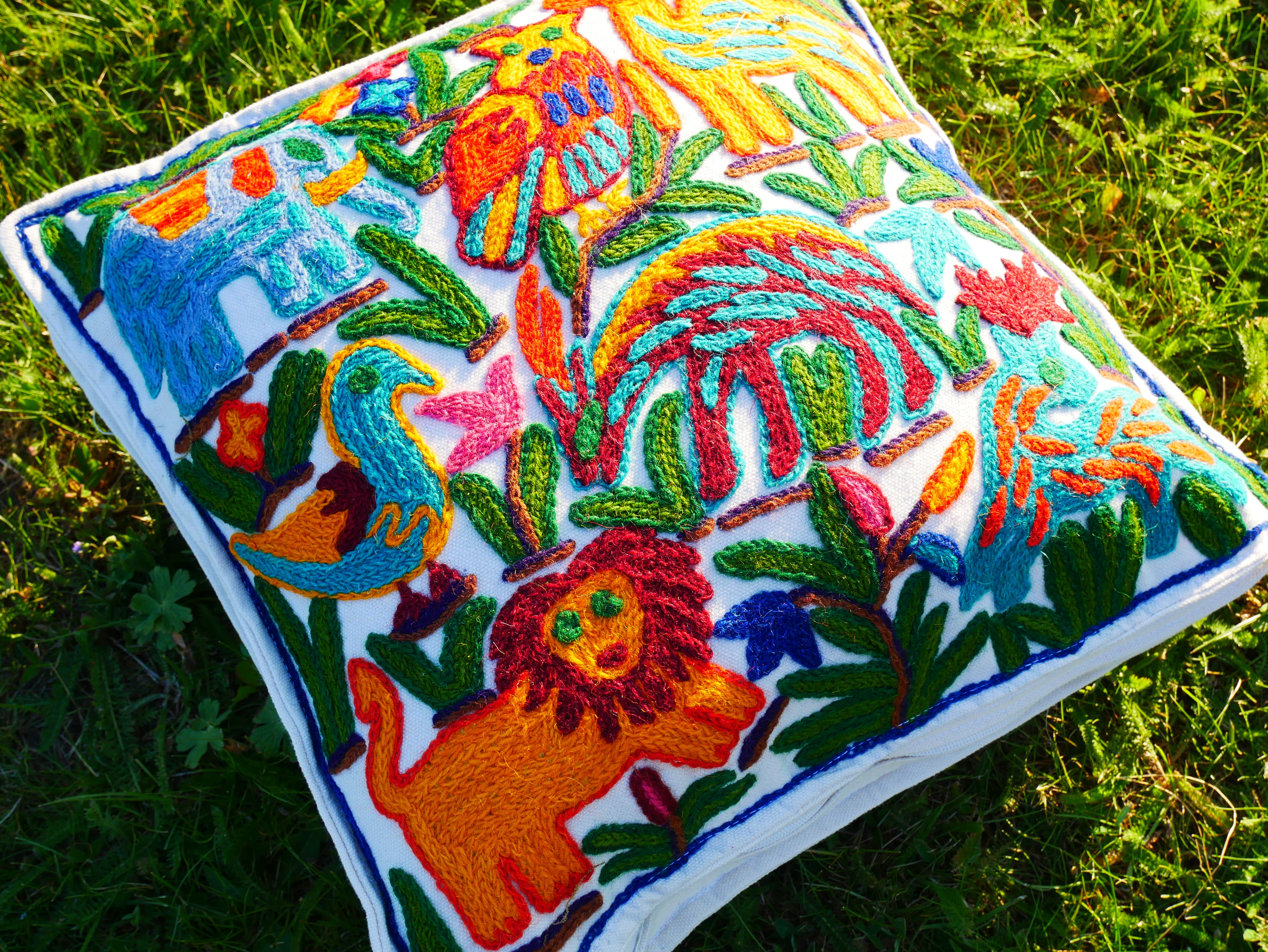 Hand Embroidered Kashmiri Floor Pillow Cover – Boho Jungle Meditation Cushion, Hippie Home Decor (Cover Only)