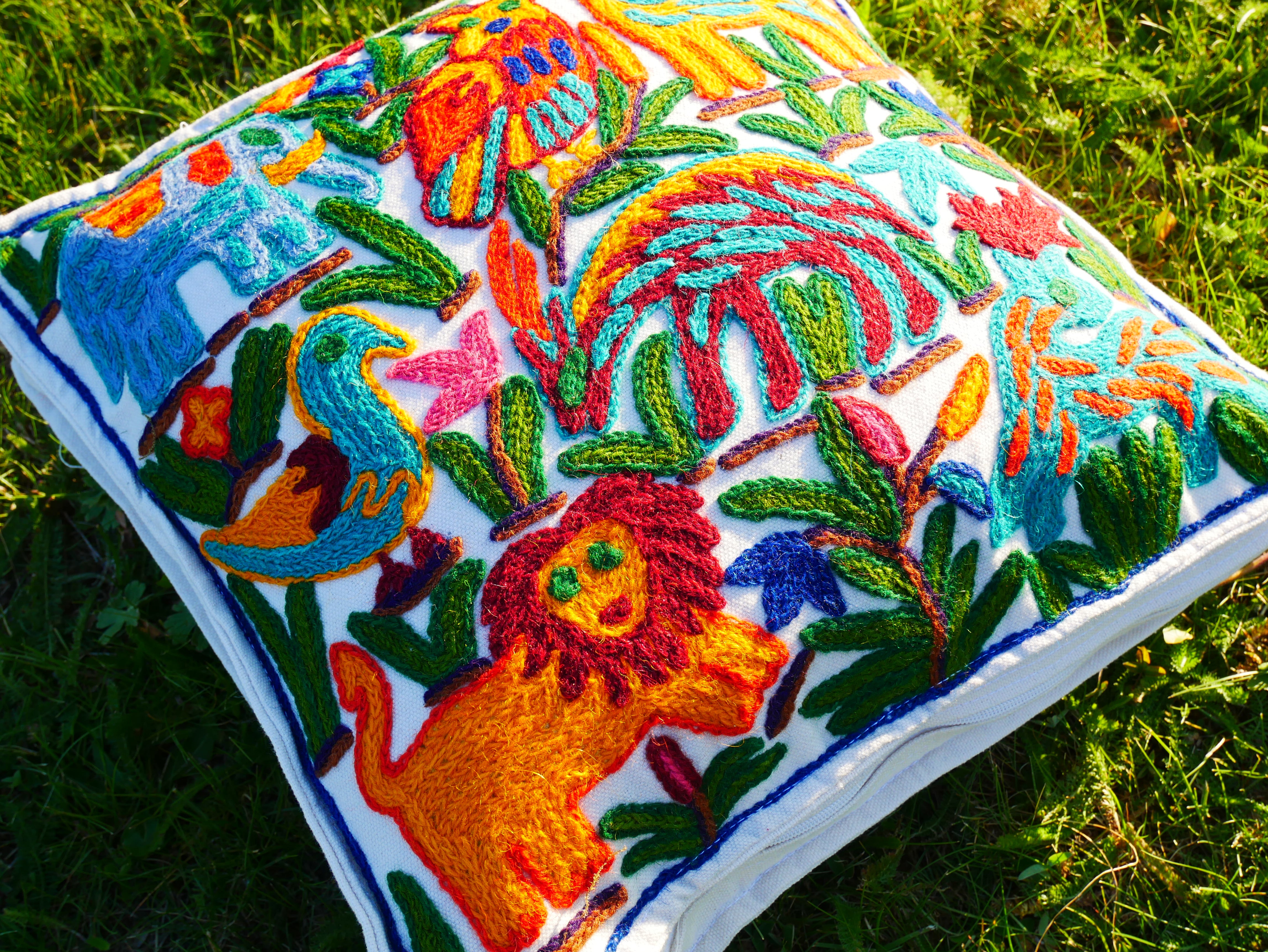 Hand Embroidered Kashmiri Floor Pillow Cover – Boho Jungle Meditation Cushion, Hippie Home Decor (Cover Only)