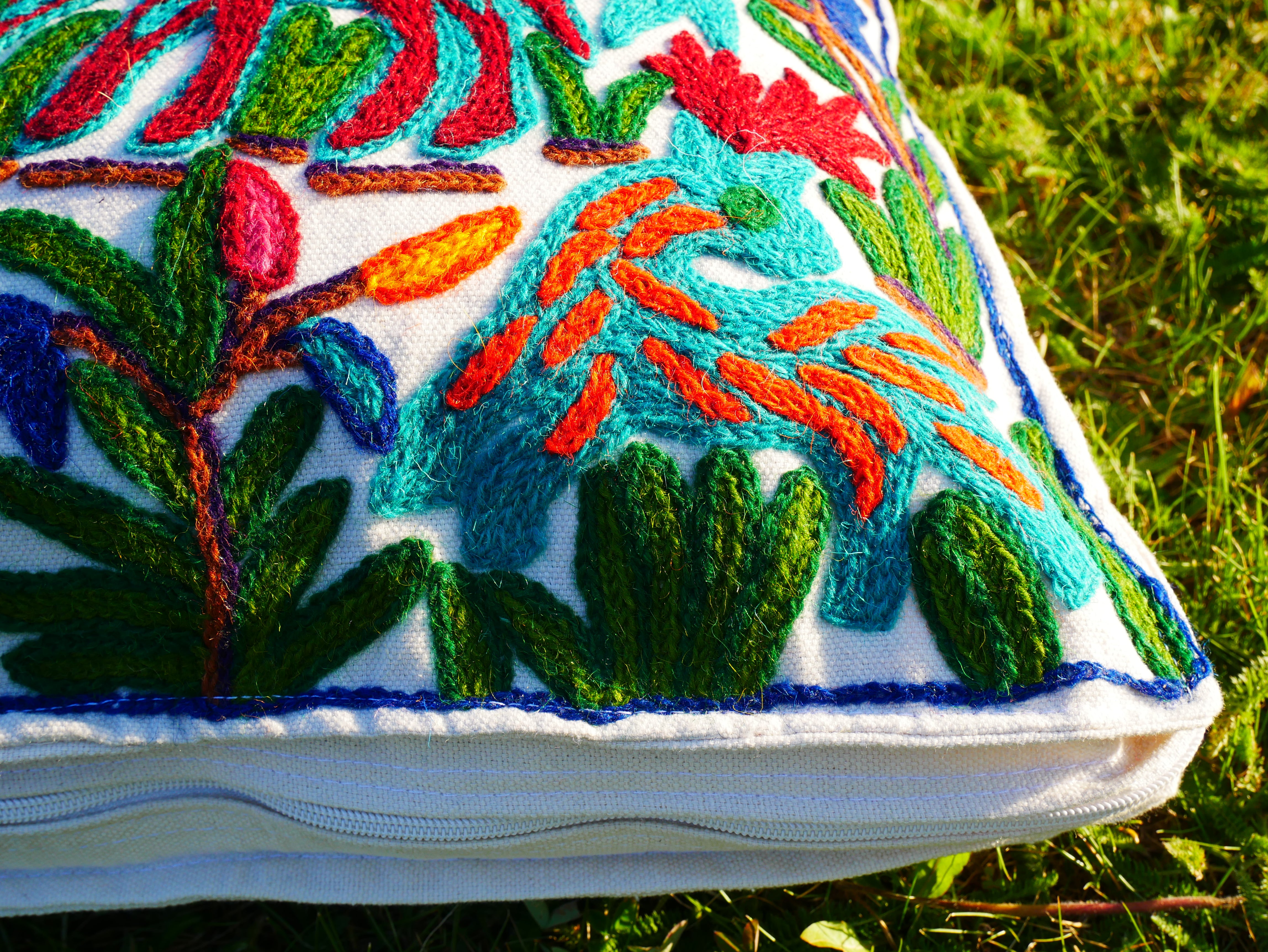 Hand Embroidered Kashmiri Floor Pillow Cover – Boho Jungle Meditation Cushion, Hippie Home Decor (Cover Only)