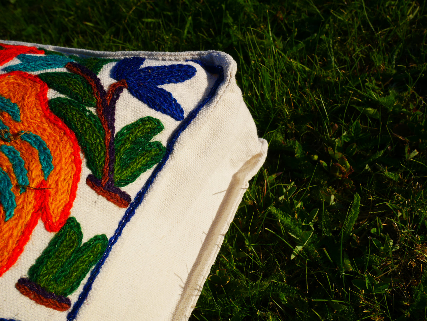 Hand Embroidered Kashmiri Floor Pillow Cover – Boho Jungle Meditation Cushion, Hippie Home Decor (Cover Only)