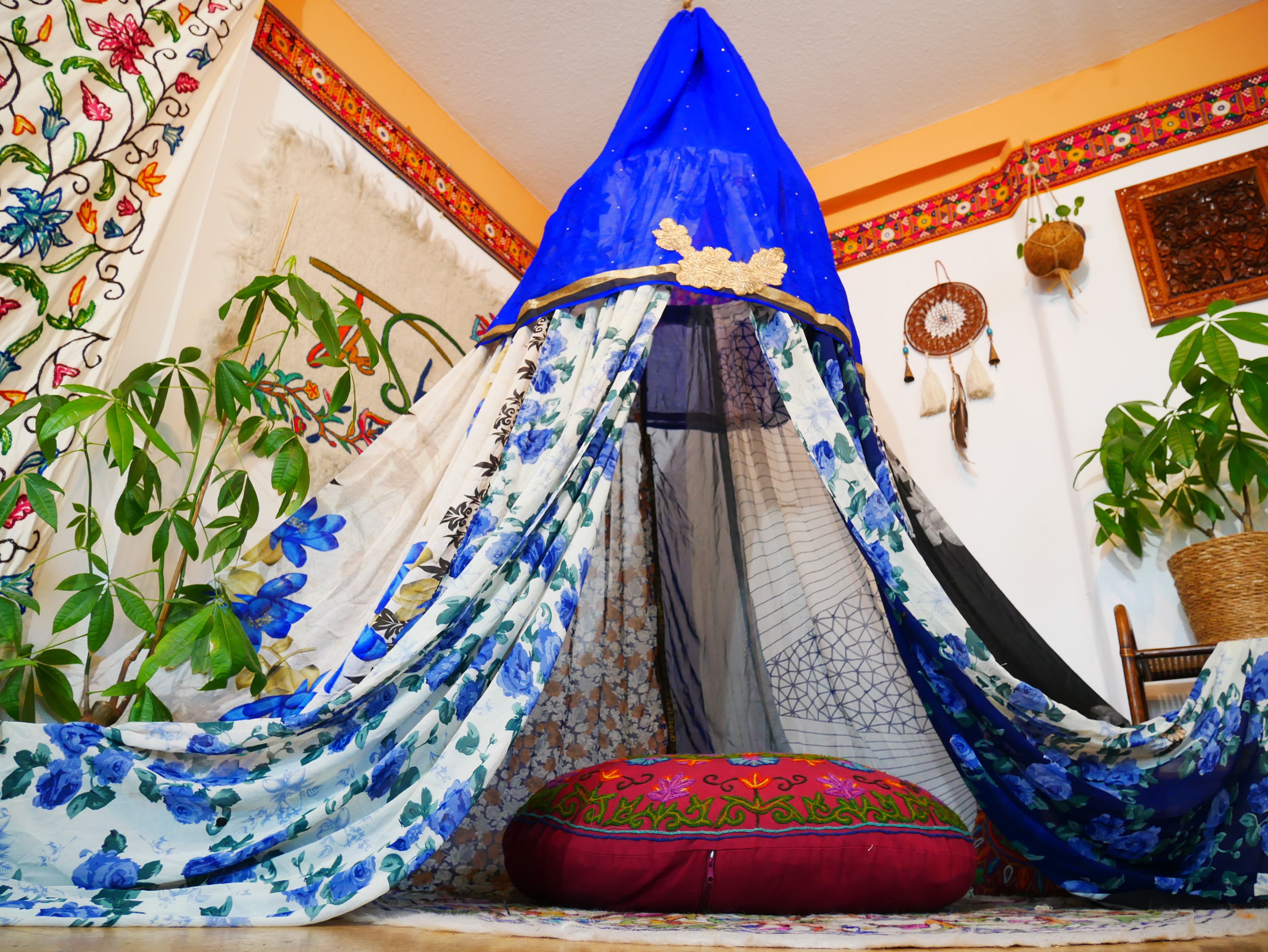 Saree canopy - indoor tent - bed canopy | bohemian wedding backdrop | Indian Hippie decor - floor seating area | meditation room - glamping