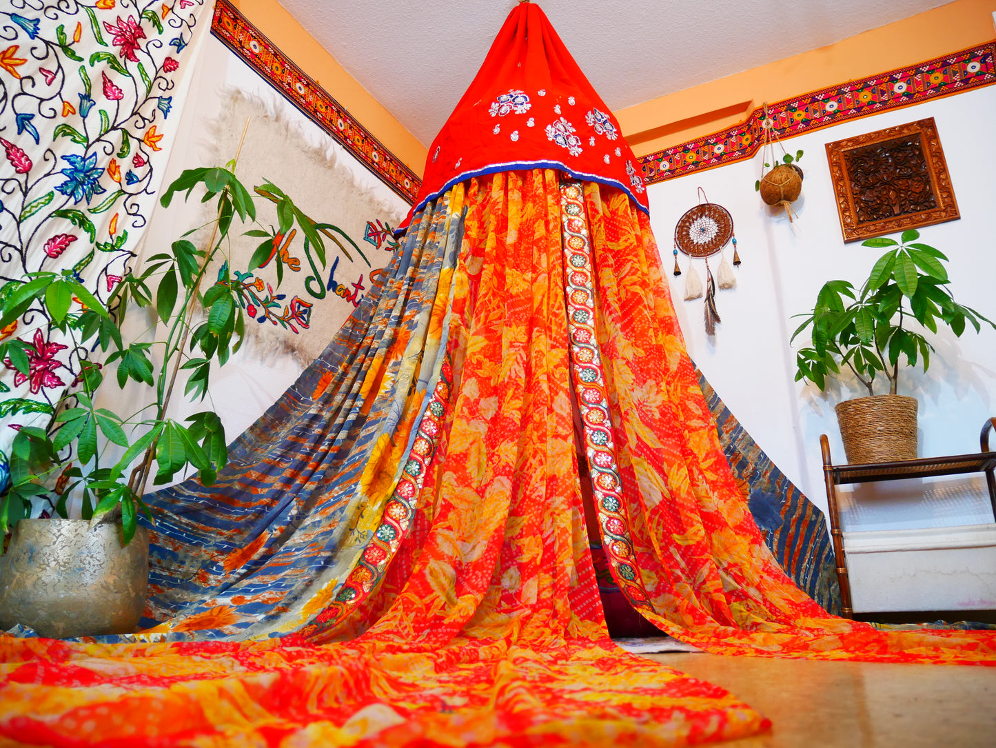 Saree canopy - indoor tent - bed canopy | bohemian wedding backdrop | Indian Hippie decor - floor seating area | meditation room - glamping