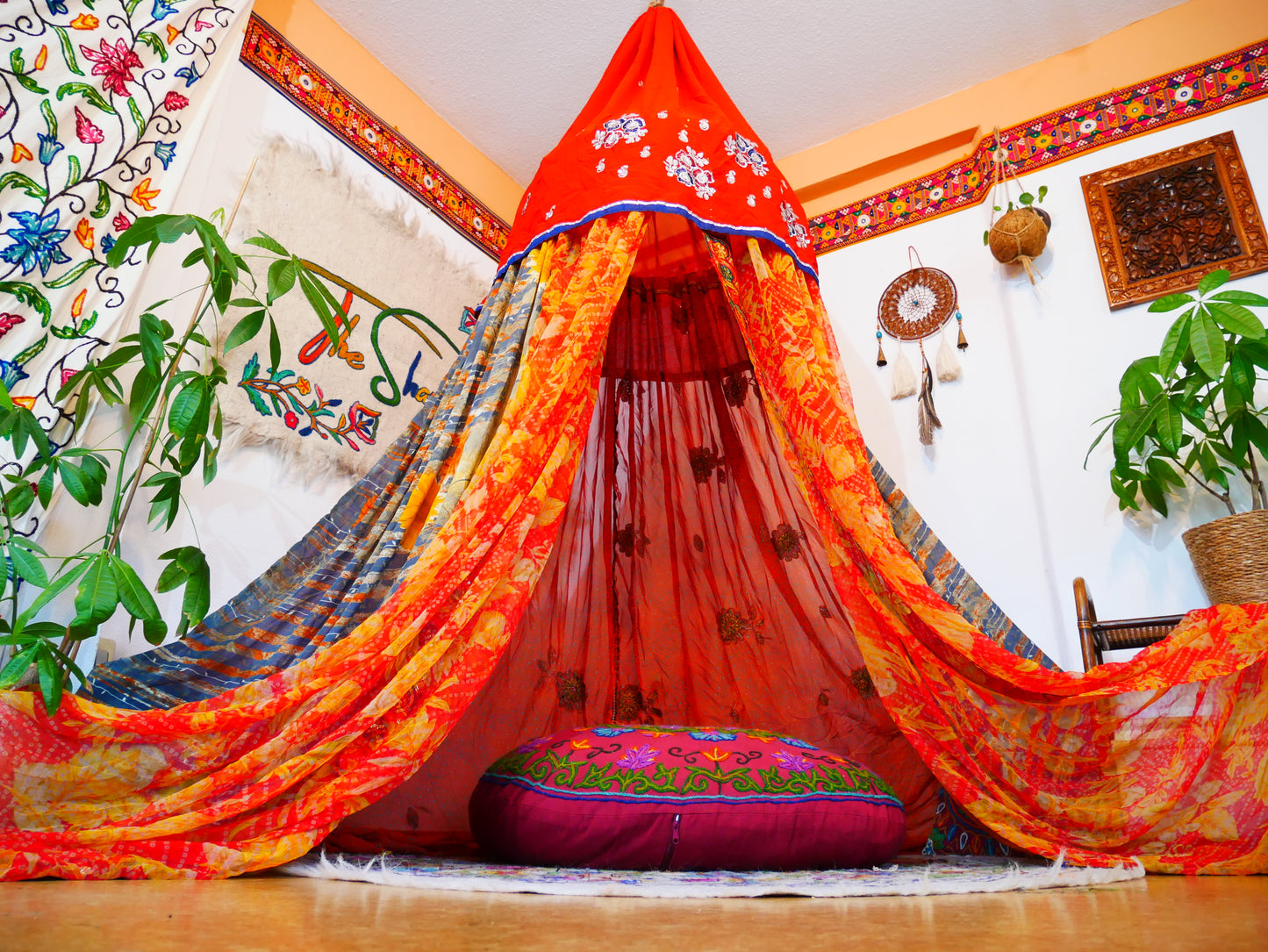 Saree canopy - indoor tent - bed canopy | bohemian wedding backdrop | Indian Hippie decor - floor seating area | meditation room - glamping