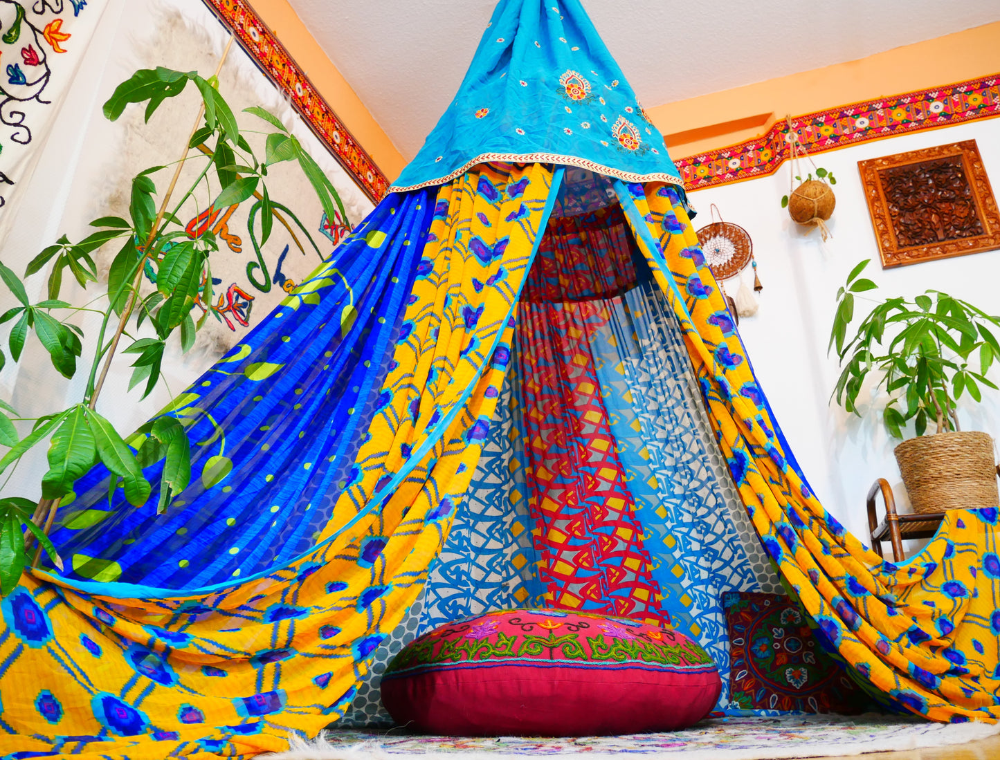 Saree canopy - indoor tent - bed canopy | bohemian wedding backdrop | Indian Hippie decor - floor seating area | meditation room - glamping