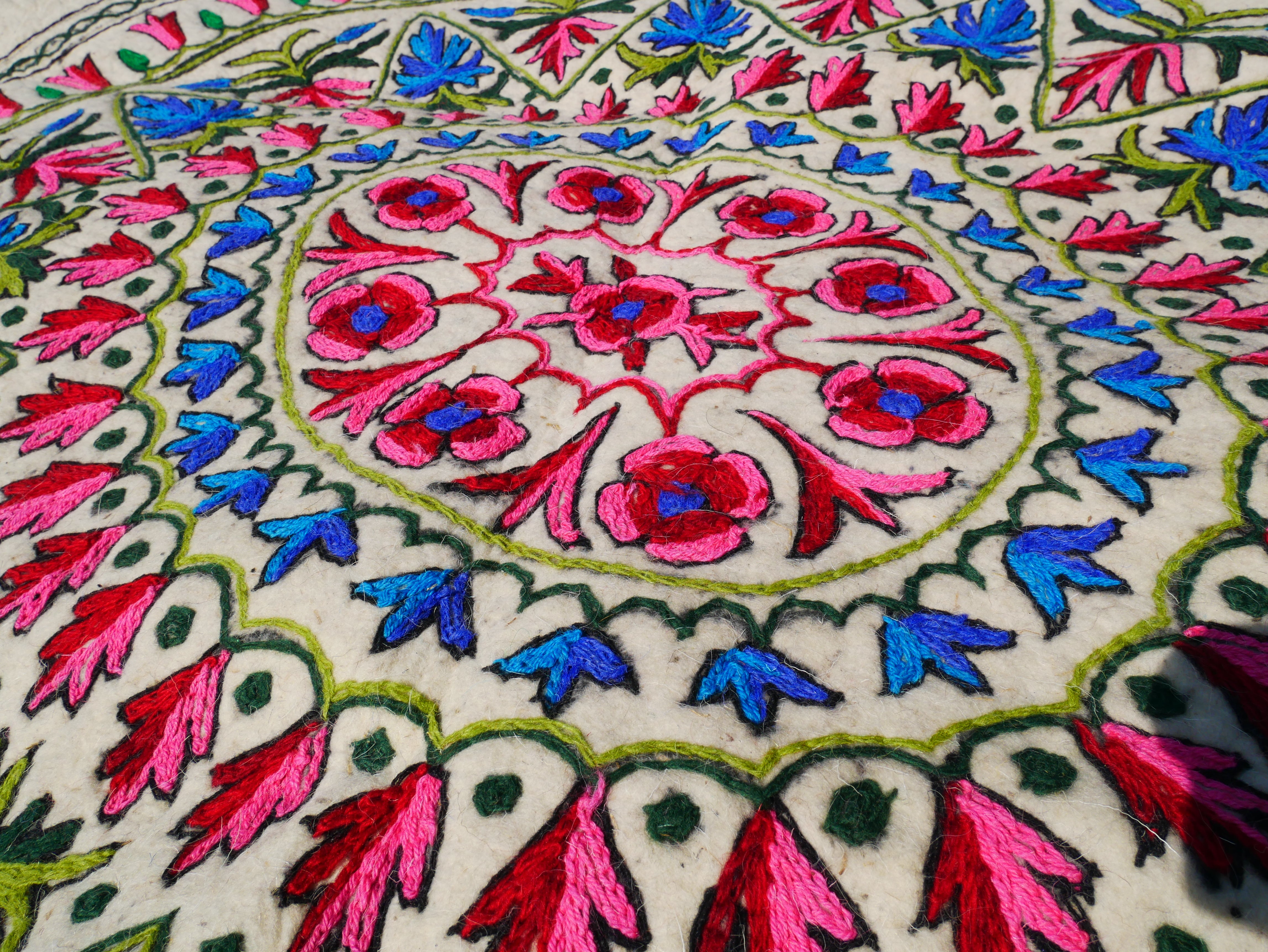 Round Mandala Wool Rug 5ft | Hand-Felted Namda From Kashmir | Boho Embroidered Area Carpet