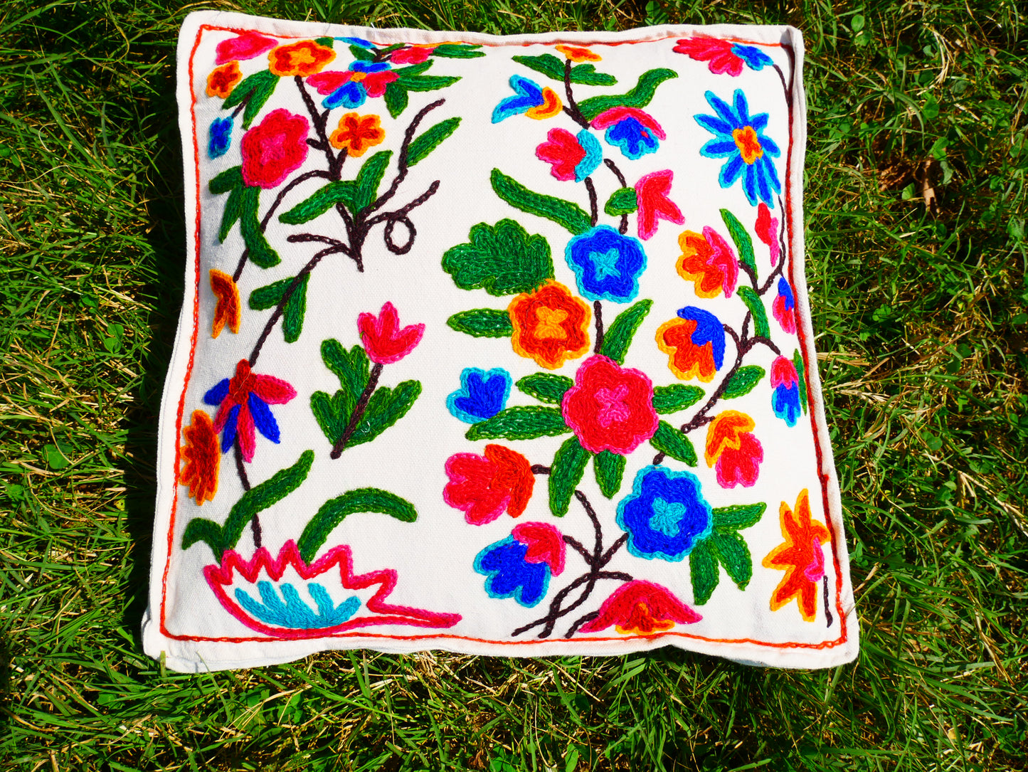 Kashmiri Meditation cushion Embroidery floor pillow cover, Hand embroidered flower Mandala - boho hippie floor seating | Cover only