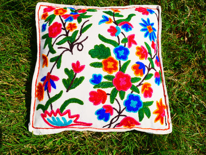 Kashmiri Meditation cushion Embroidery floor pillow cover, Hand embroidered flower Mandala - boho hippie floor seating | Cover only