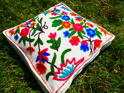 Kashmiri Meditation cushion Embroidery floor pillow cover, Hand embroidered flower Mandala - boho hippie floor seating | Cover only