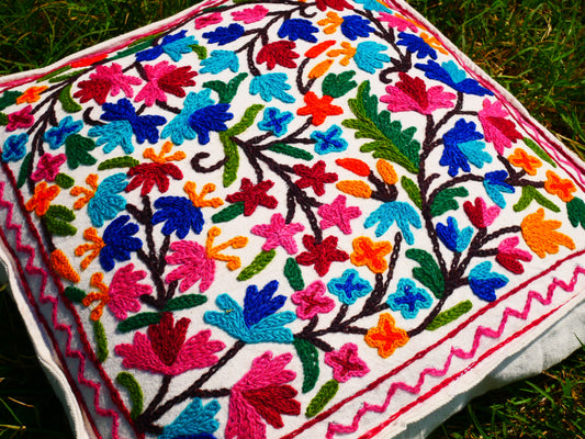 Kashmiri Meditation cushion Embroidery floor pillow cover, Hand embroidered flower Mandala - boho hippie floor seating | Cover only
