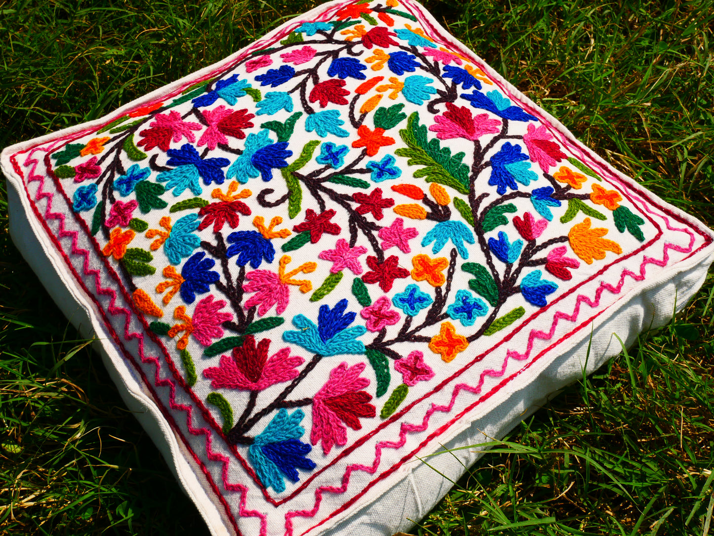 Kashmiri Meditation cushion Embroidery floor pillow cover, Hand embroidered flower Mandala - boho hippie floor seating | Cover only