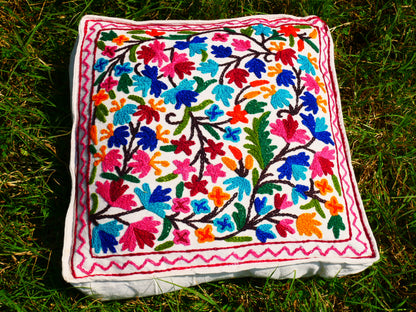 Kashmiri Meditation cushion Embroidery floor pillow cover, Hand embroidered flower Mandala - boho hippie floor seating | Cover only