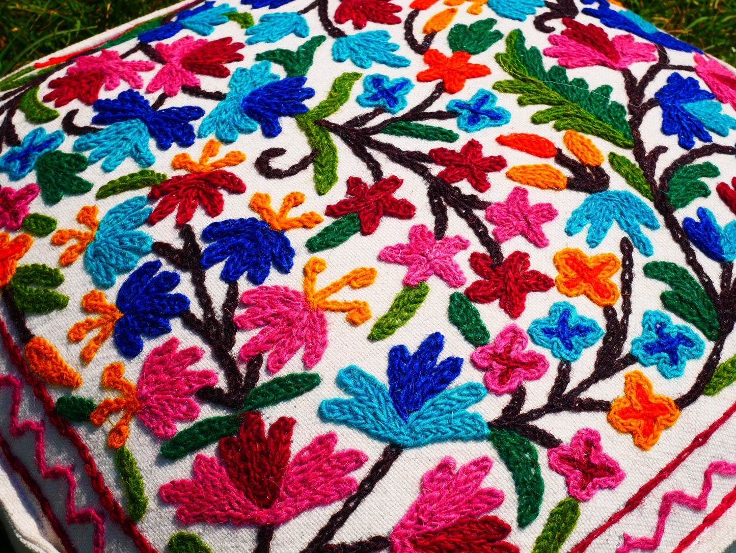 Kashmiri Meditation cushion Embroidery floor pillow cover, Hand embroidered flower Mandala - boho hippie floor seating | Cover only
