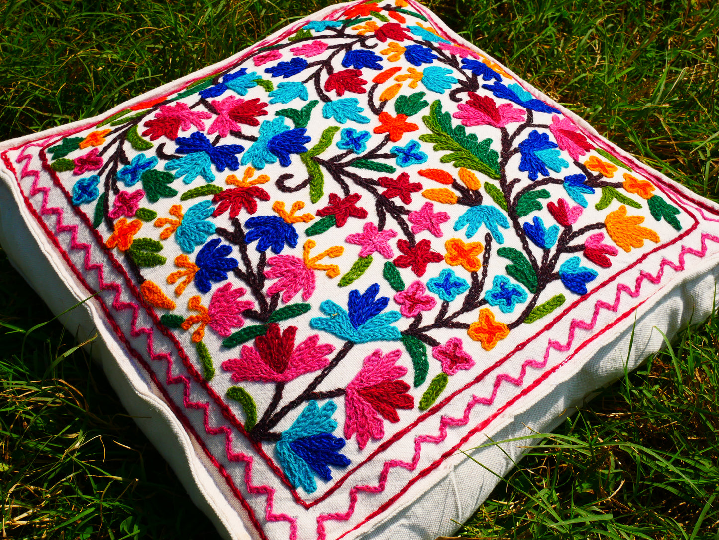 Kashmiri Meditation cushion Embroidery floor pillow cover, Hand embroidered flower Mandala - boho hippie floor seating | Cover only