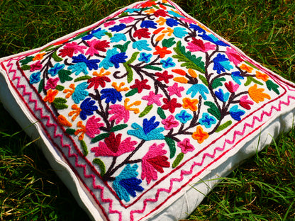 Kashmiri Meditation cushion Embroidery floor pillow cover, Hand embroidered flower Mandala - boho hippie floor seating | Cover only