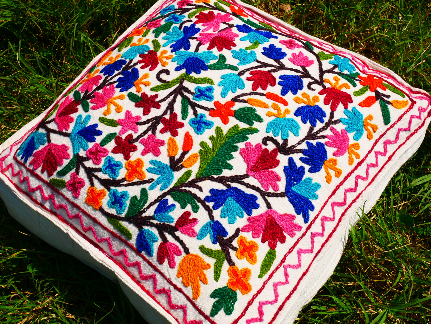 Kashmiri Meditation cushion Embroidery floor pillow cover, Hand embroidered flower Mandala - boho hippie floor seating | Cover only