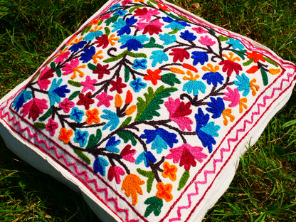 Kashmiri Meditation cushion Embroidery floor pillow cover, Hand embroidered flower Mandala - boho hippie floor seating | Cover only