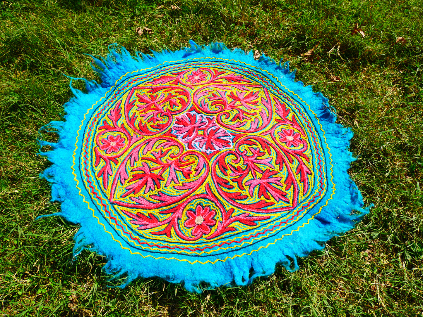 Round Mandala rug | Kashmiri "Namda" felt wool rug, hand embroidered colorful boho accent rug