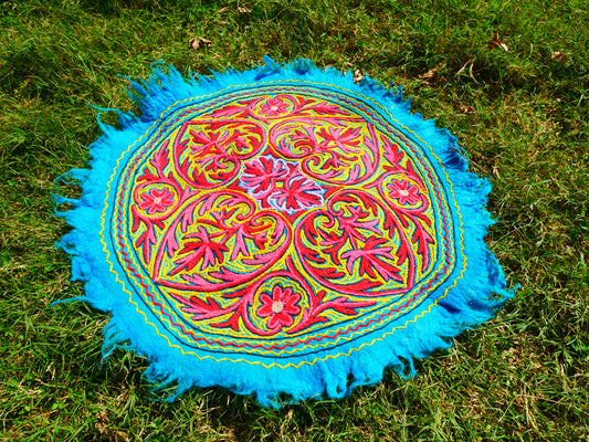 Round Mandala rug | Kashmiri "Namda" felt wool rug, hand embroidered colorful boho accent rug