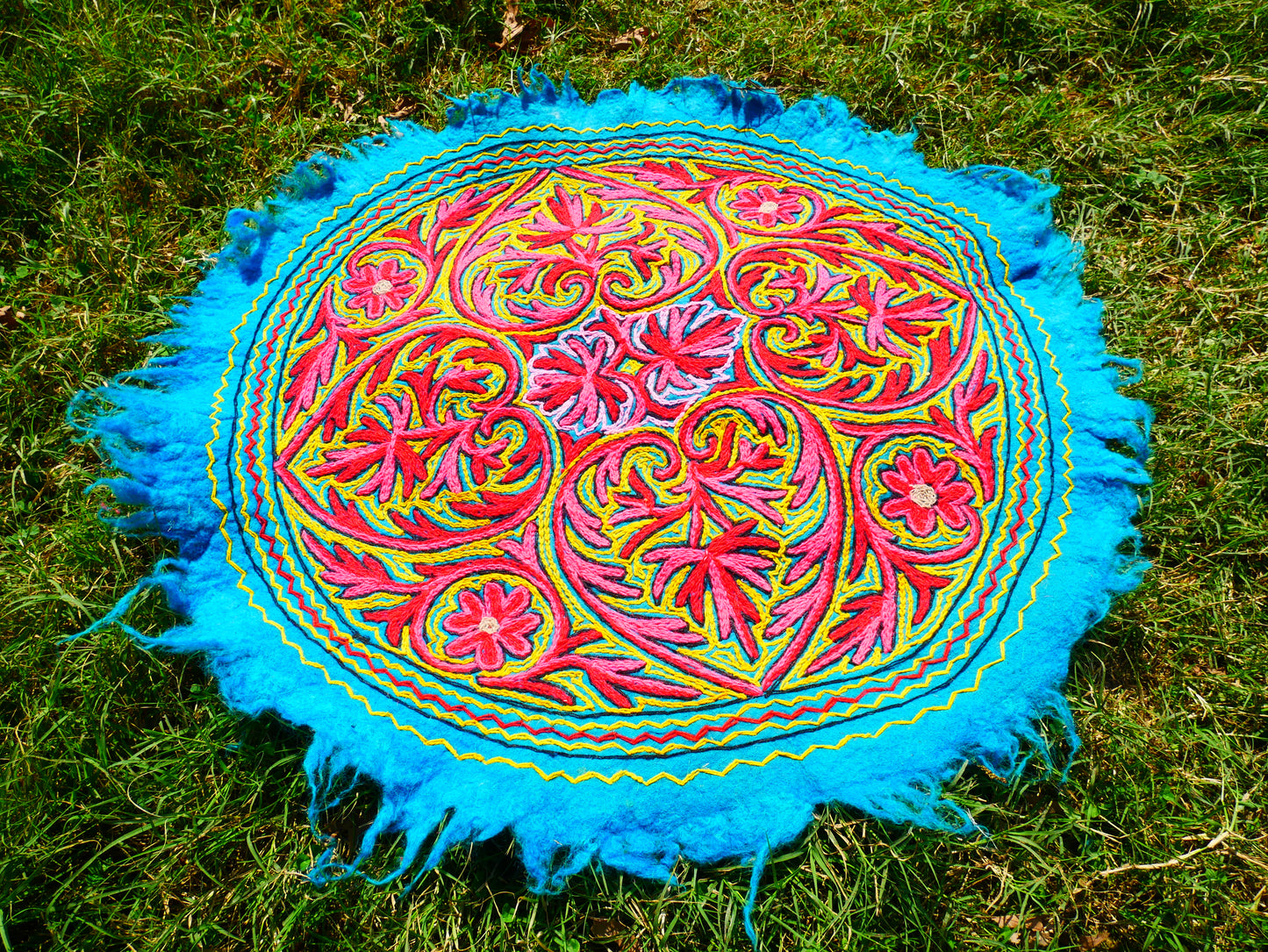 Round Mandala rug | Kashmiri "Namda" felt wool rug, hand embroidered colorful boho accent rug