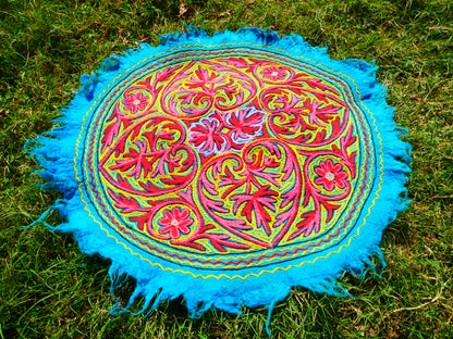 Round Mandala rug | Kashmiri "Namda" felt wool rug, hand embroidered colorful boho accent rug