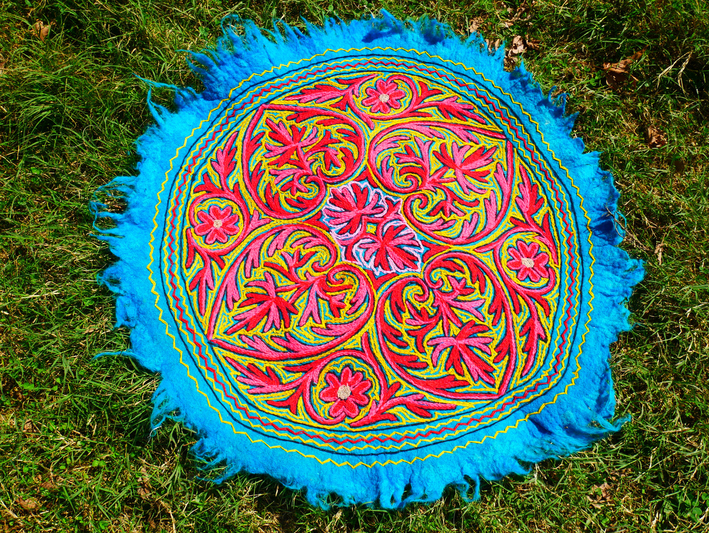 Round Mandala rug | Kashmiri "Namda" felt wool rug, hand embroidered colorful boho accent rug