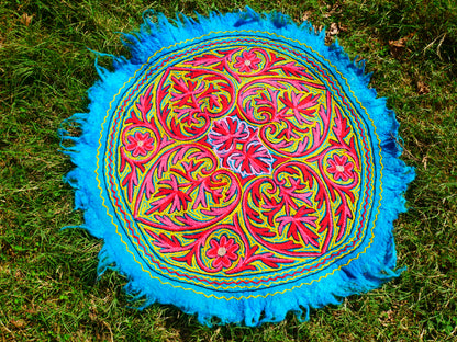 Round Mandala rug | Kashmiri "Namda" felt wool rug, hand embroidered colorful boho accent rug