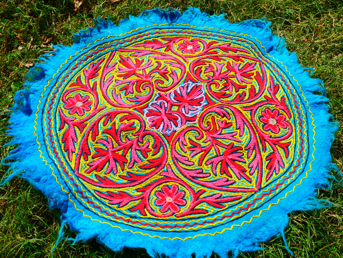 Round Mandala rug | Kashmiri "Namda" felt wool rug, hand embroidered colorful boho accent rug