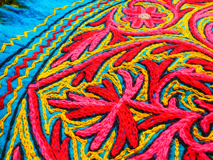 Round Mandala rug | Kashmiri "Namda" felt wool rug, hand embroidered colorful boho accent rug