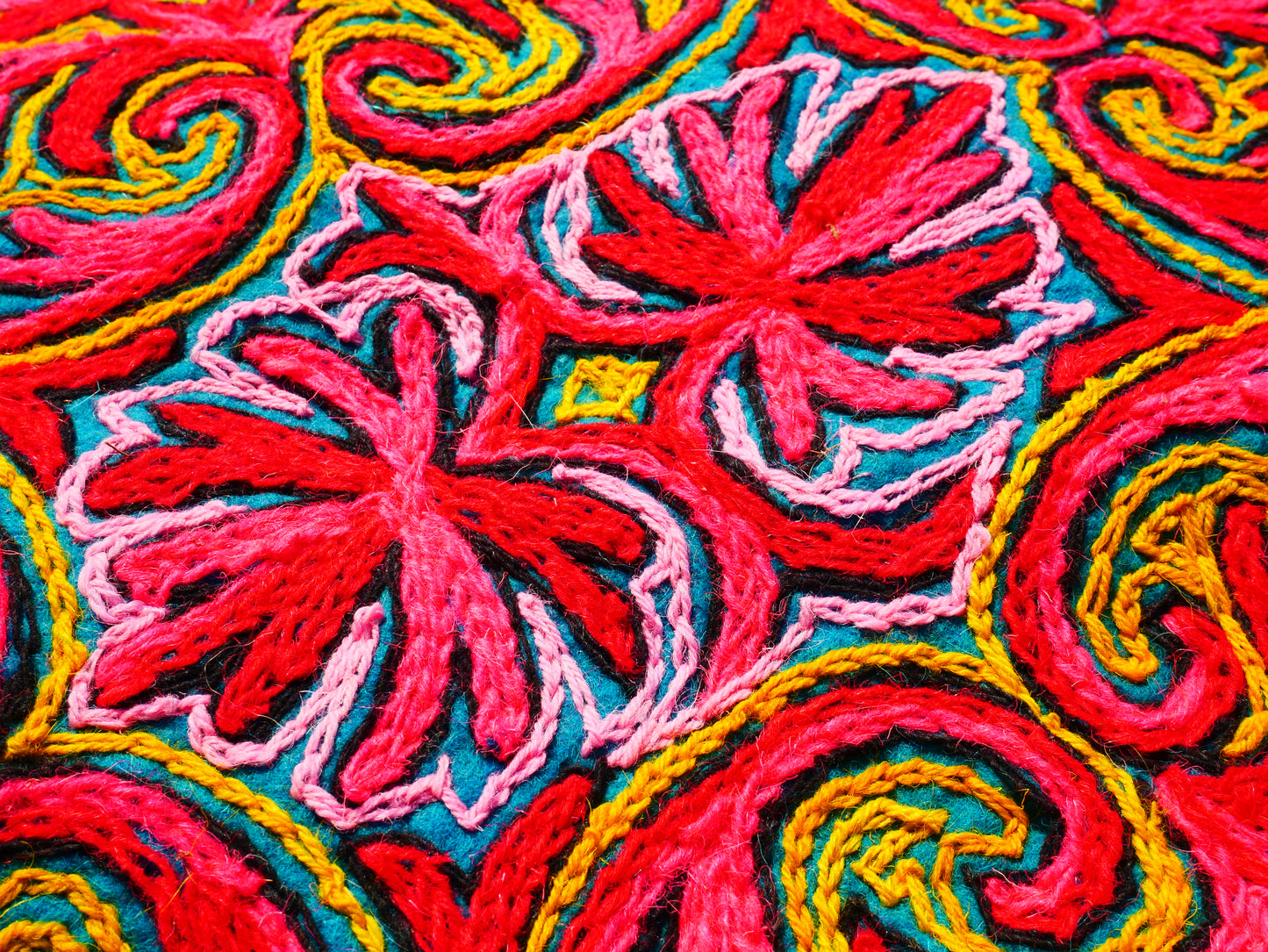 Round Mandala rug | Kashmiri "Namda" felt wool rug, hand embroidered colorful boho accent rug