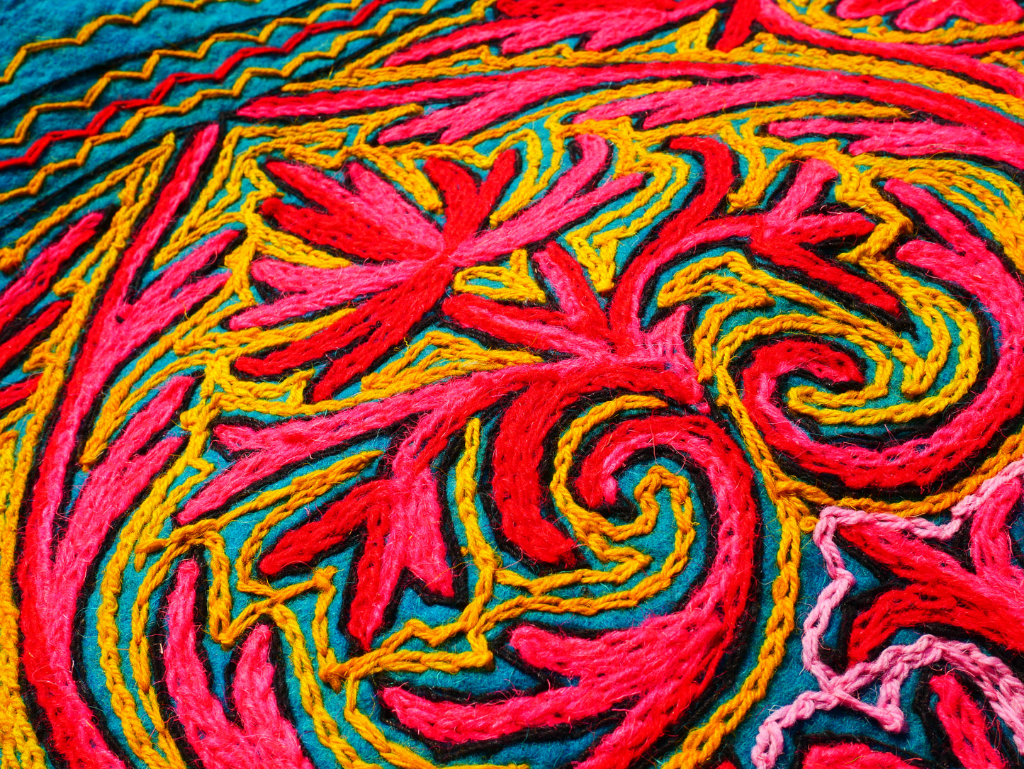 Round Mandala rug | Kashmiri "Namda" felt wool rug, hand embroidered colorful boho accent rug