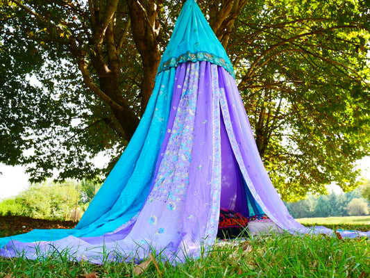 Saree tent Shanti canopy - boho bed canopy  | bohemian wedding backdrop - Hippie decor - floor seating area | meditation room