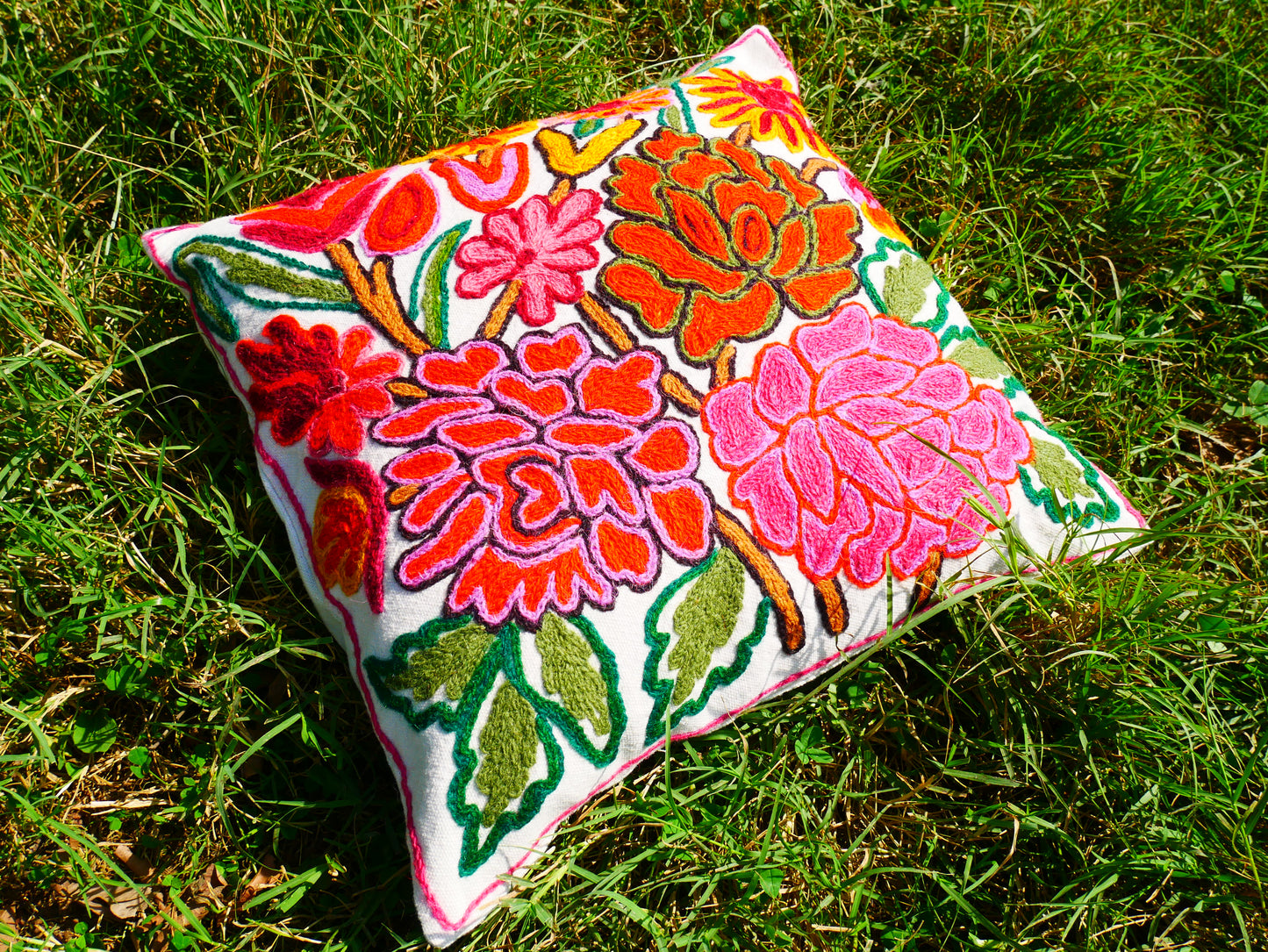 Colorful Kashmiri Crewel Pillow Cover: Handcrafted by Artisans  16x16 inches Flower Embroidery Pillow