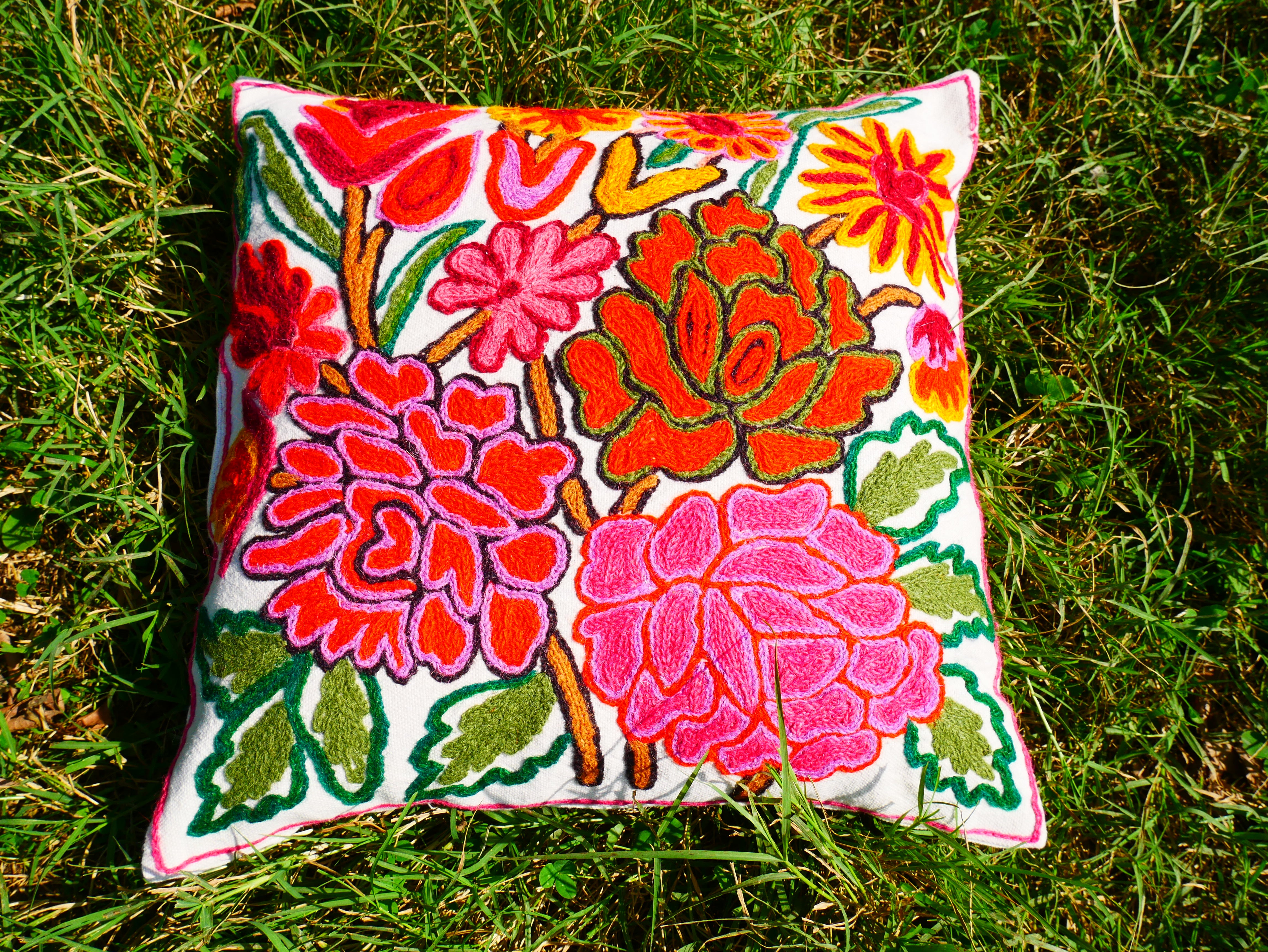 Colorful Kashmiri Crewel Pillow Cover: Handcrafted by Artisans  16x16 inches Flower Embroidery Pillow