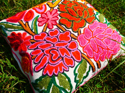 Colorful Kashmiri Crewel Pillow Cover: Handcrafted by Artisans  16x16 inches Flower Embroidery Pillow