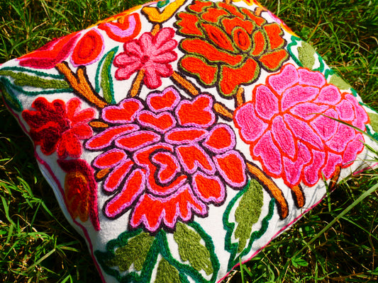Colorful Kashmiri Crewel Pillow Cover: Handcrafted by Artisans  16x16 inches Flower Embroidery Pillow