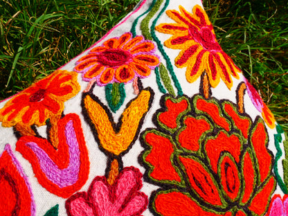 Colorful Kashmiri Crewel Pillow Cover: Handcrafted by Artisans  16x16 inches Flower Embroidery Pillow