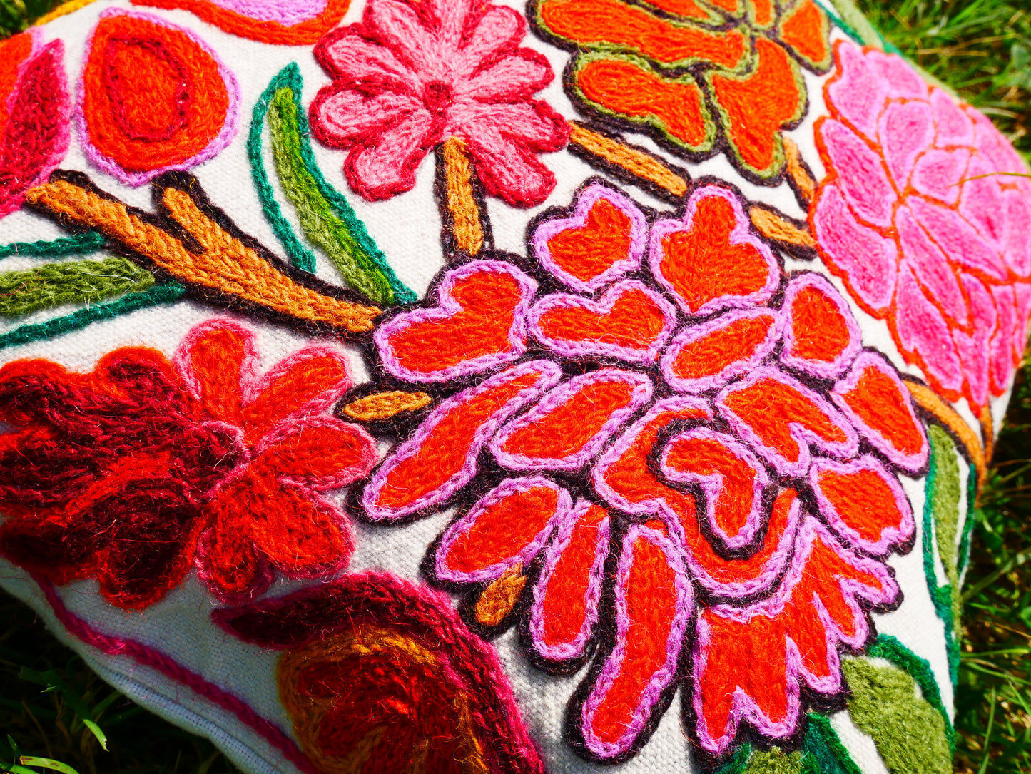 Colorful Kashmiri Crewel Pillow Cover: Handcrafted by Artisans  16x16 inches Flower Embroidery Pillow