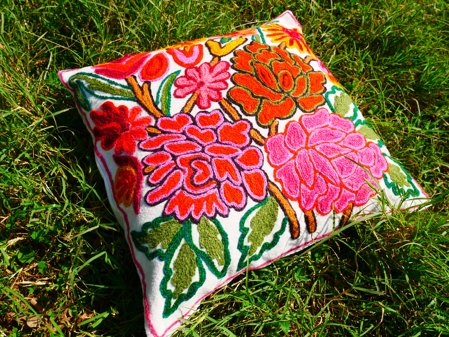 Colorful Kashmiri Crewel Pillow Cover: Handcrafted by Artisans  16x16 inches Flower Embroidery Pillow