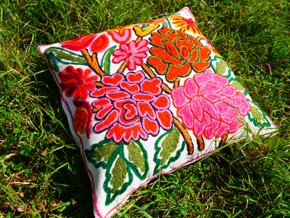 Colorful Kashmiri Crewel Pillow Cover: Handcrafted by Artisans  16x16 inches Flower Embroidery Pillow