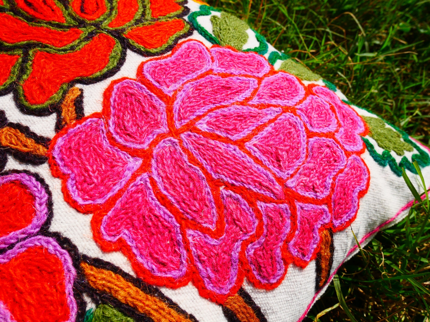 Colorful Kashmiri Crewel Pillow Cover: Handcrafted by Artisans  16x16 inches Flower Embroidery Pillow