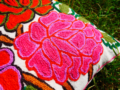 Colorful Kashmiri Crewel Pillow Cover: Handcrafted by Artisans  16x16 inches Flower Embroidery Pillow