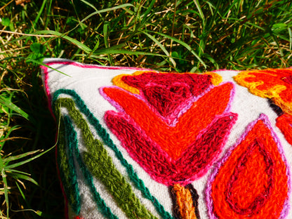 Colorful Kashmiri Crewel Pillow Cover: Handcrafted by Artisans  16x16 inches Flower Embroidery Pillow