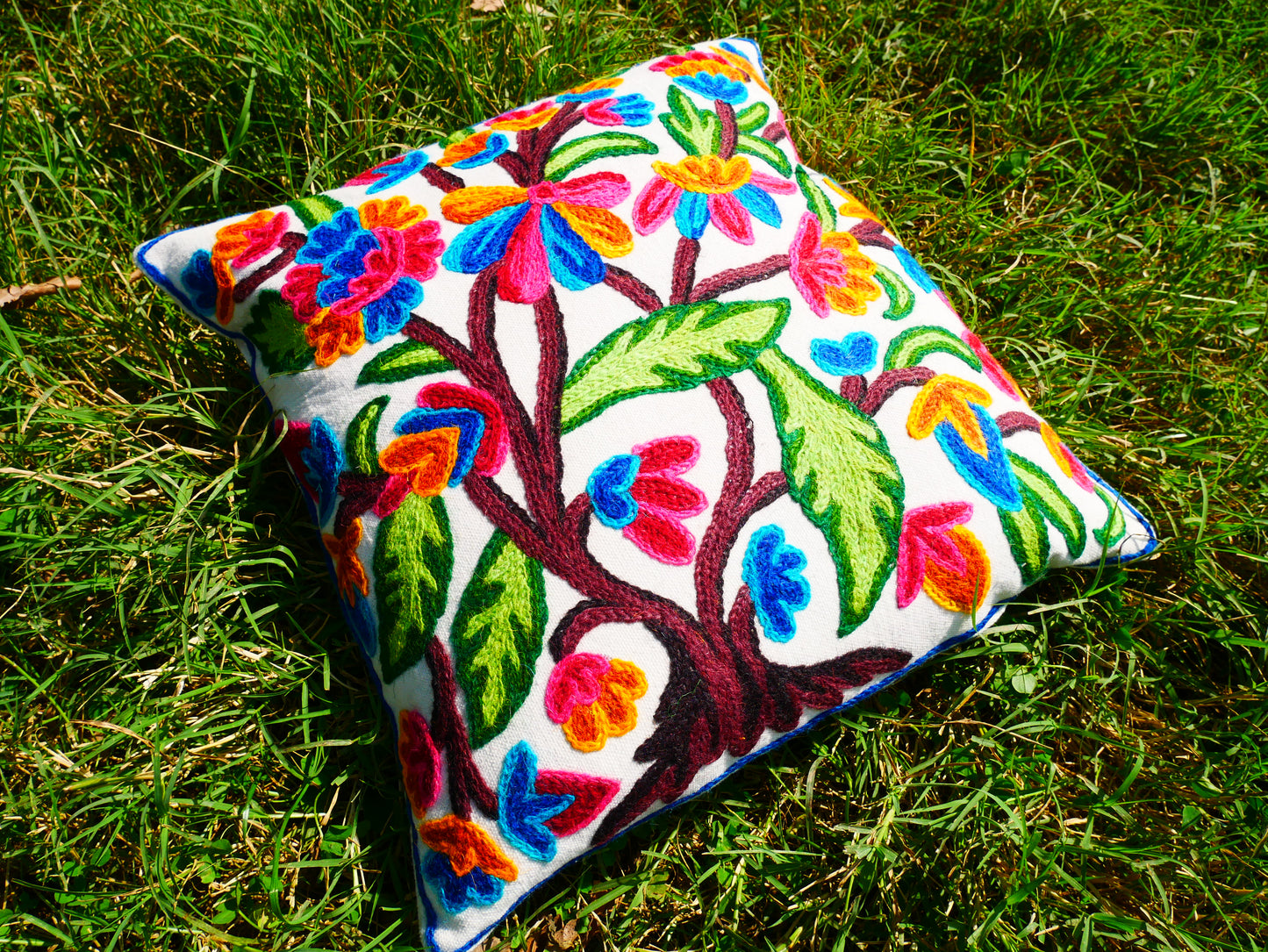 Colorful Kashmiri Crewel Pillow Cover: Handcrafted by Artisans 16x16 inches Handembroidered wool on cotton