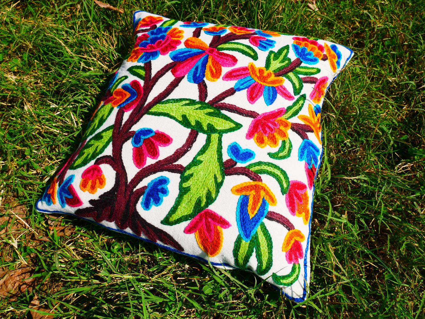 Colorful Kashmiri Crewel Pillow Cover: Handcrafted by Artisans 16x16 inches Handembroidered wool on cotton