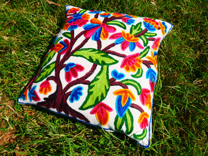 Colorful Kashmiri Crewel Pillow Cover: Handcrafted by Artisans 16x16 inches Handembroidered wool on cotton