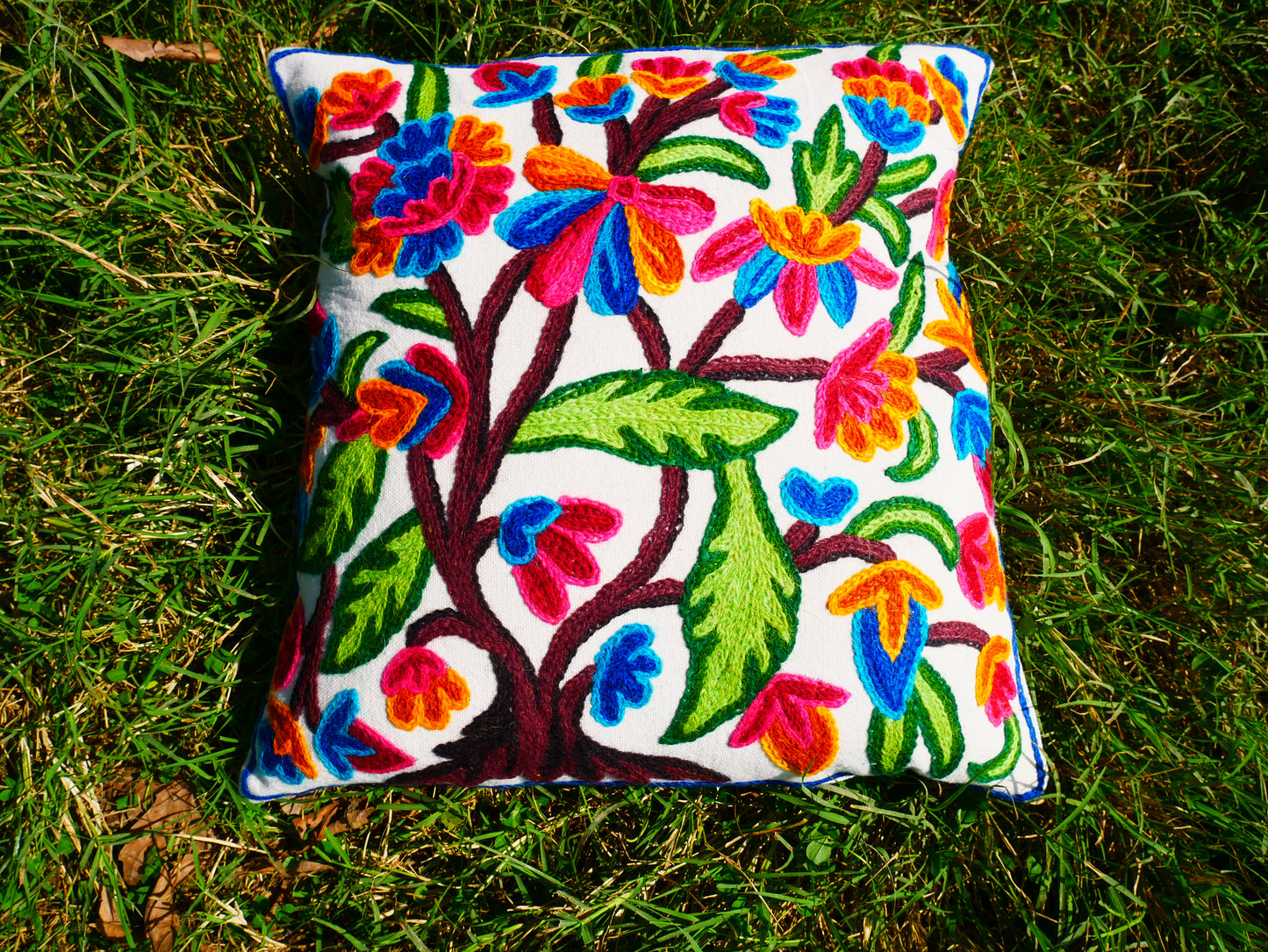 Colorful Kashmiri Crewel Pillow Cover: Handcrafted by Artisans 16x16 inches Handembroidered wool on cotton