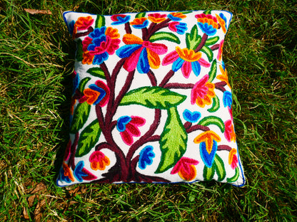 Colorful Kashmiri Crewel Pillow Cover: Handcrafted by Artisans 16x16 inches Handembroidered wool on cotton