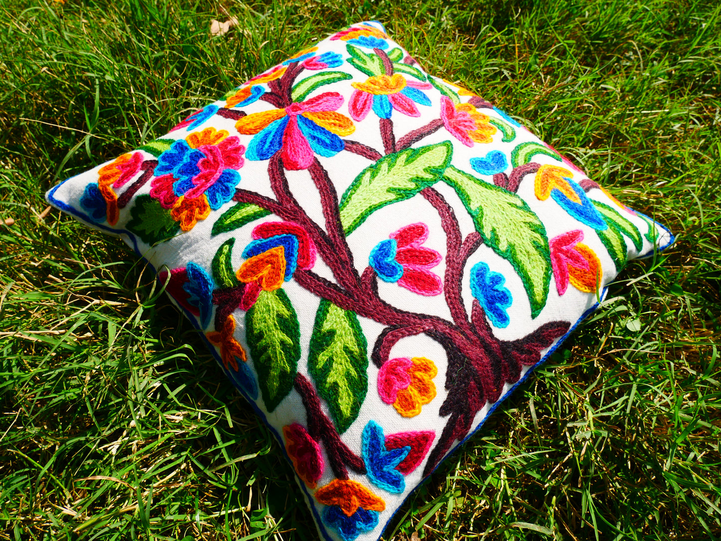 Colorful Kashmiri Crewel Pillow Cover: Handcrafted by Artisans 16x16 inches Handembroidered wool on cotton