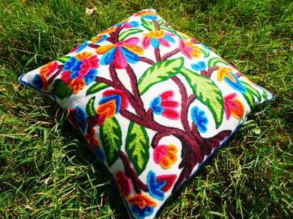 Colorful Kashmiri Crewel Pillow Cover: Handcrafted by Artisans 16x16 inches Handembroidered wool on cotton